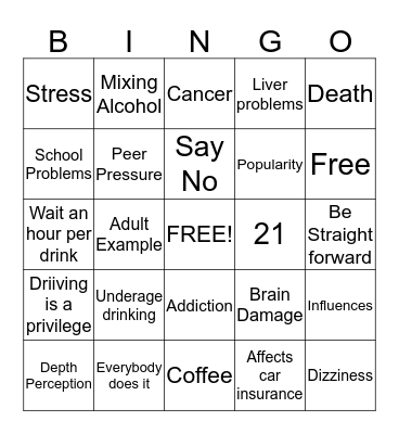 Alcohol Prevention Bingo Card