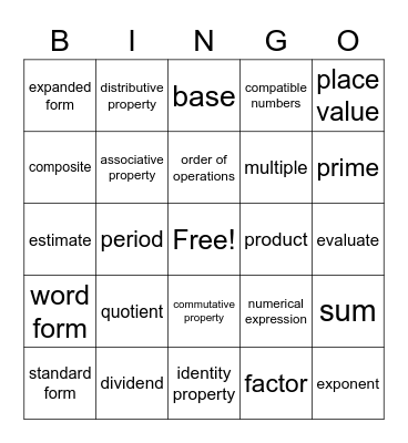 Math Vocabulary Bingo Card