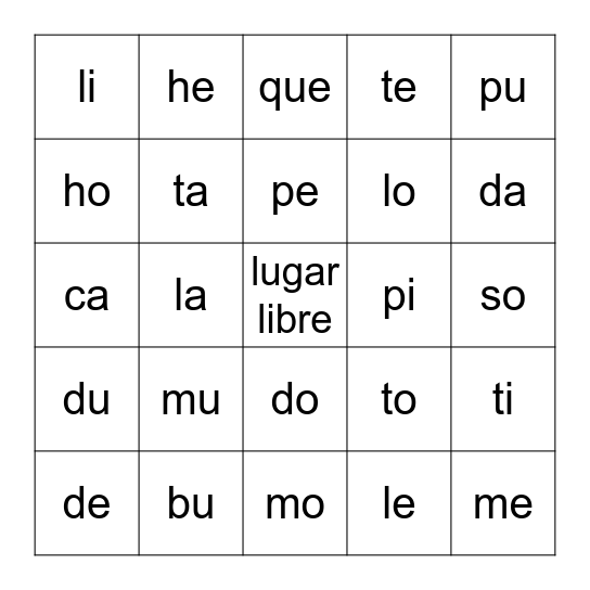 6.1  LOTERÍA: Las sílabas Bingo Card