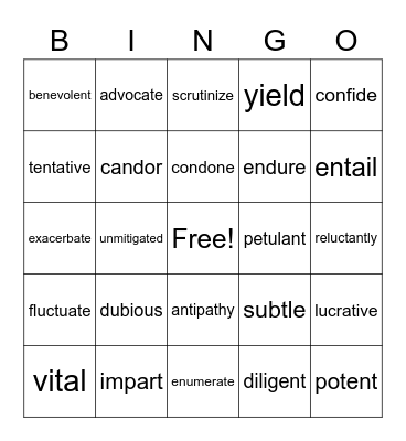 Vocabulary Words Bingo Card