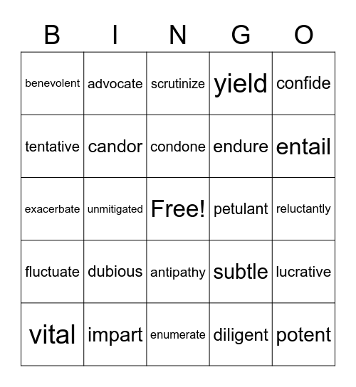 Vocabulary Words Bingo Card