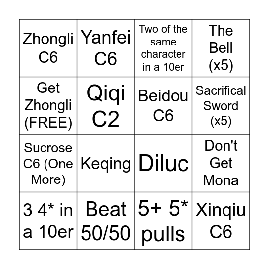 Zhongli hit Bingo Card