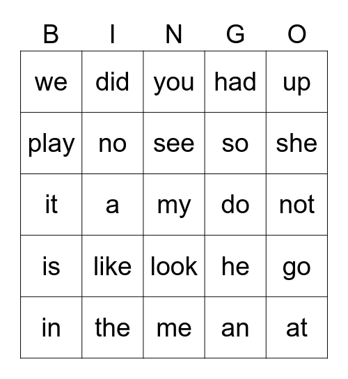 Sight Words List 1 Bingo Card