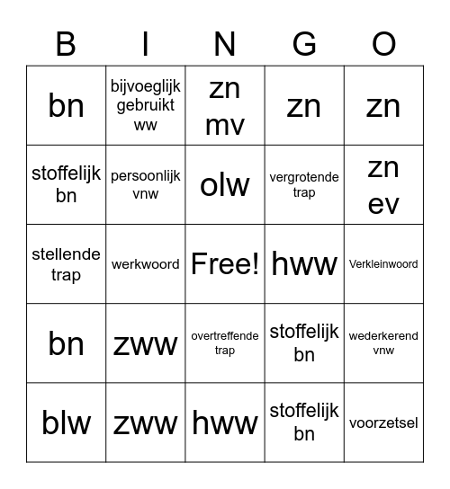 Woordsoorten Bingo Card