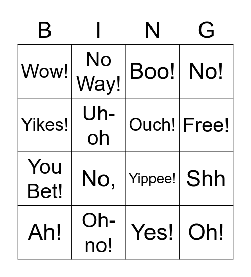Interjections Bingo Card