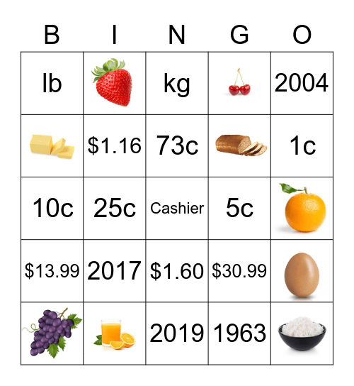 Money, weights and food bingo Card