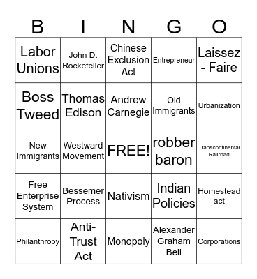 Gilded Age Bingo Card