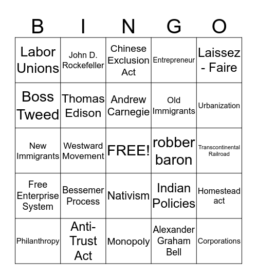 Gilded Age Bingo Card