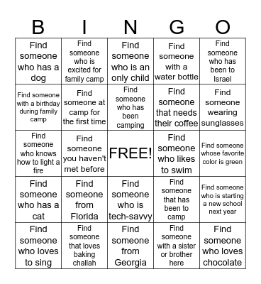 Ramah Family Camp Bingo! Bingo Card