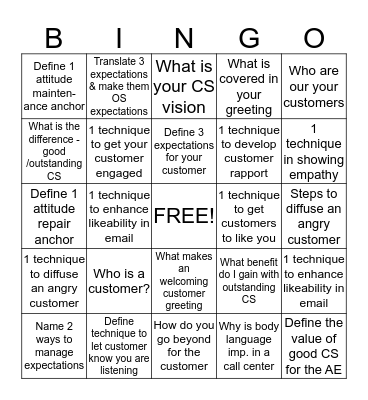 Customer Service Bingo Card