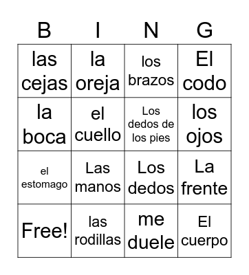 Partes del cuerpo Bingo Card