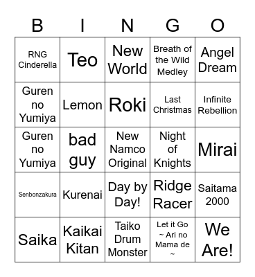 Xbox Taiko Songs Bingo Card