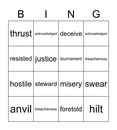 4th Grade King Arthur Bingo Card