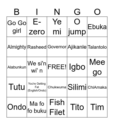 Glady's Bingo Card