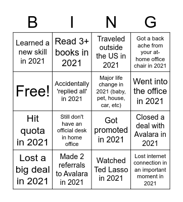 Avalara Bingo Card