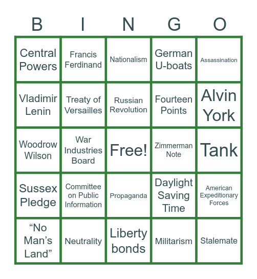 WWI: US History Bingo Card