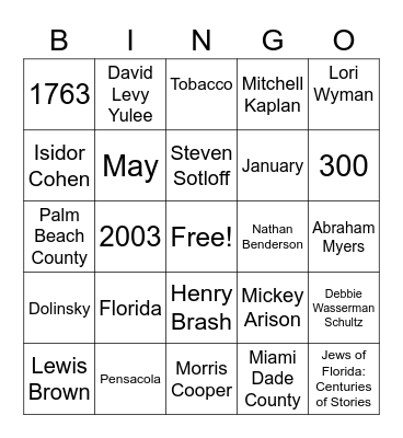 JSU Florida Jewish History Month Bingo Card
