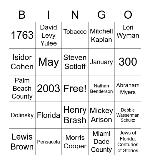 JSU Florida Jewish History Month Bingo Card