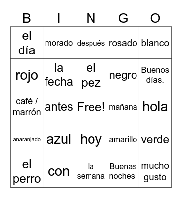 Spanish 1 Vocabulario Bingo Card