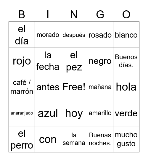 Spanish 1 Vocabulario Bingo Card