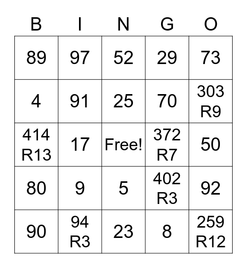 Division Test Review Bingo Card