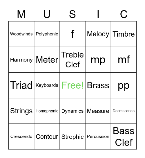 Elements of Music Bingo Card