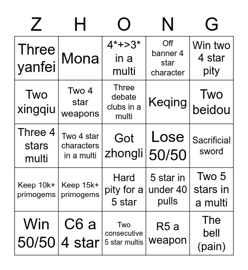 Amira’s zhongli pulls Bingo Card