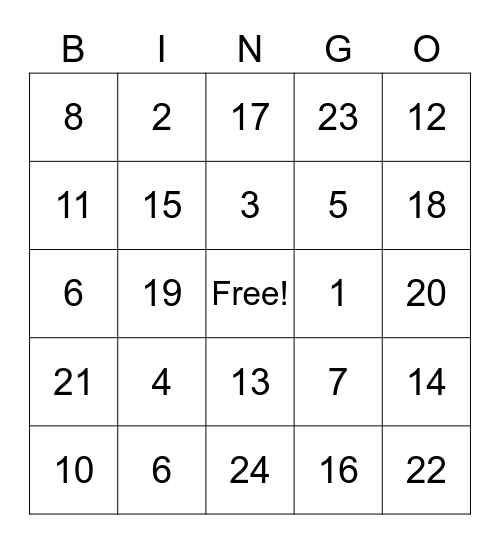 Number Bingo Card