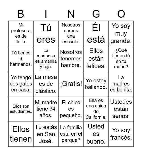 Los 3 Verbos - Ser/Estar/Tener Bingo Card