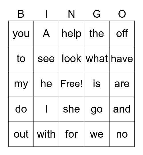 K Sight Word Bingo Card