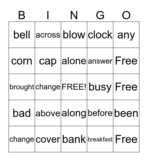 Sight Words Bingo Card