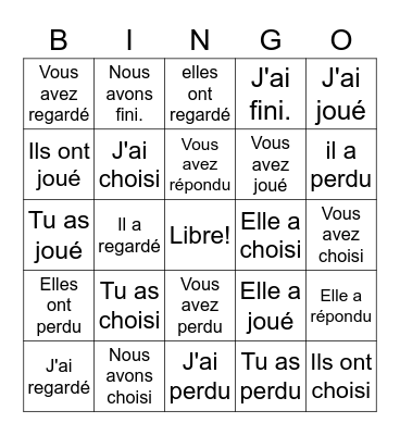 J. Bowers - EC 2 Ch. 4 Découvrons 2 -p.c. of -er, -ir, and -re verbs Bingo Card