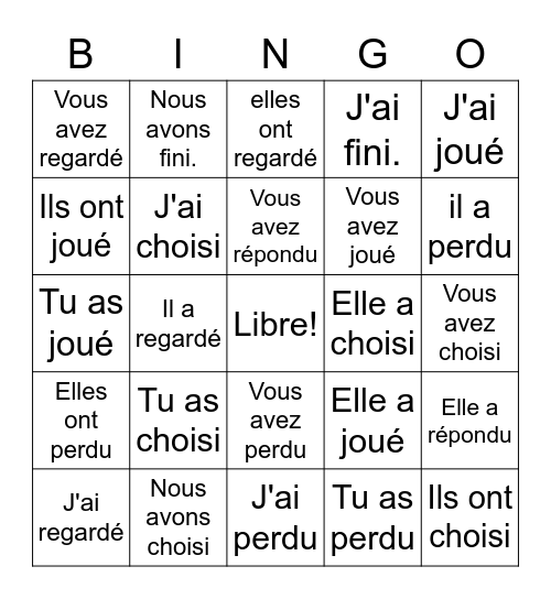 J. Bowers - EC 2 Ch. 4 Découvrons 2 -p.c. of -er, -ir, and -re verbs Bingo Card