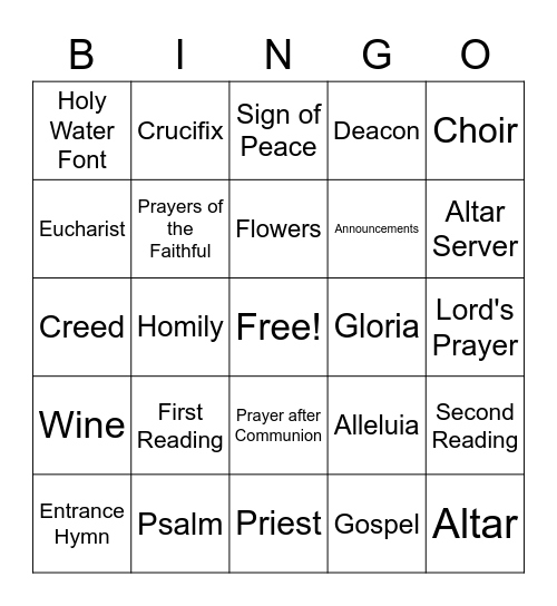 Catholic Mass Bingo Card