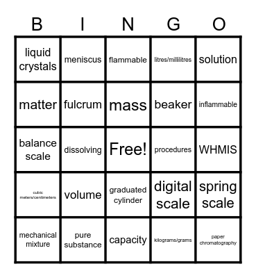 Science: Mixtures and Solutions Bingo Card