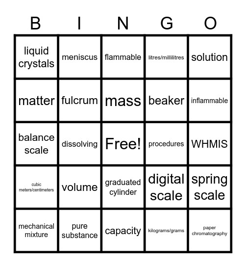Science: Mixtures and Solutions Bingo Card