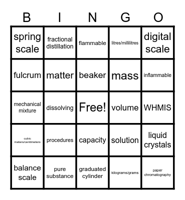 Science: Mixtures and Solutions Bingo Card