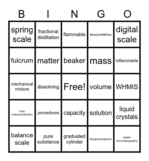 Science: Mixtures and Solutions Bingo Card