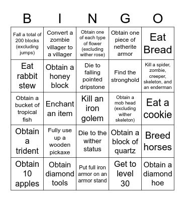 Minecraft Lockout Bingo Card