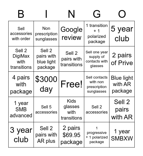 Optician Bingo Card