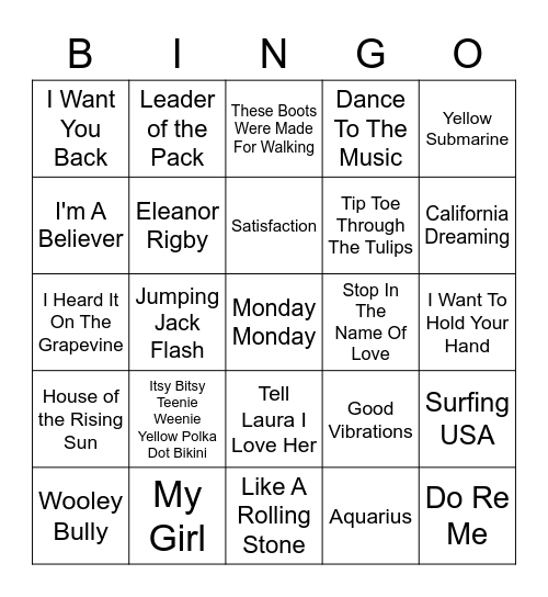 1960's Music Bingo Card