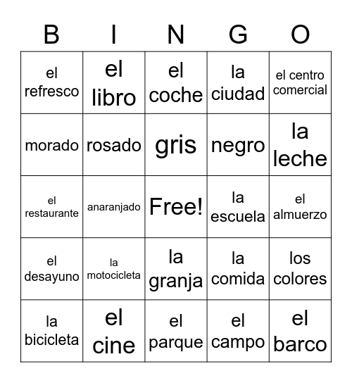 Vocabulario Bingo Card