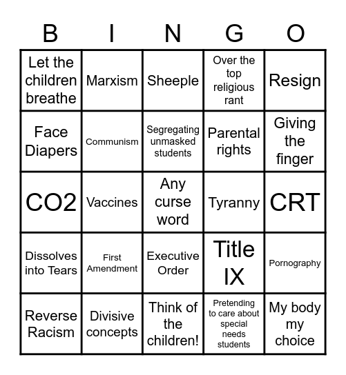 Schoolboard Public Commentary BINGO Card