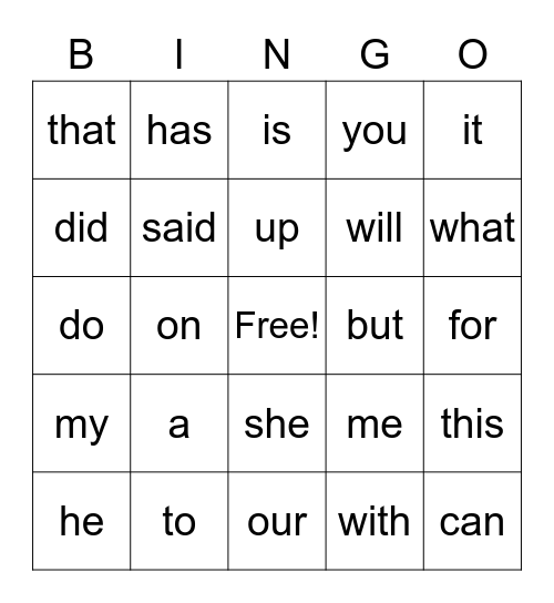 Sight Word Bingo Card