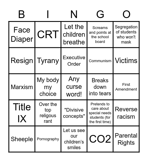 School Board Public Commentary Bingo Card
