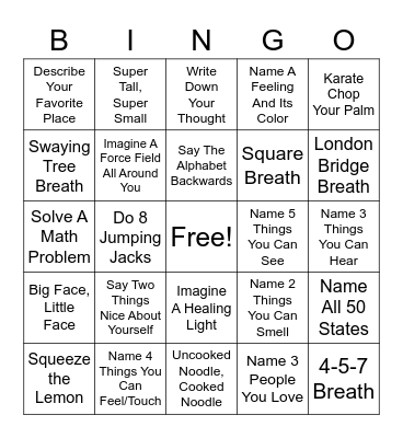 Coping Skills Bingo Card