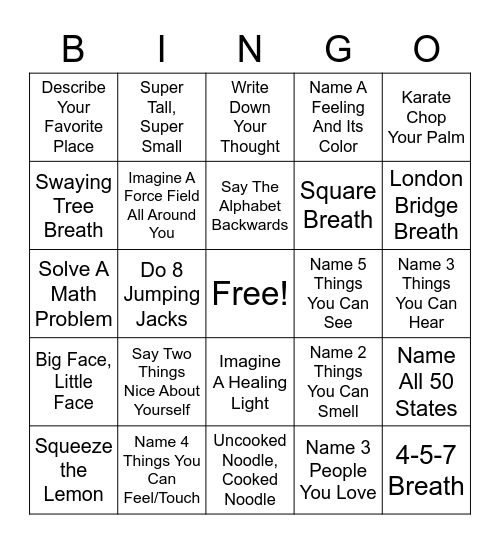 Coping Skills Bingo Card