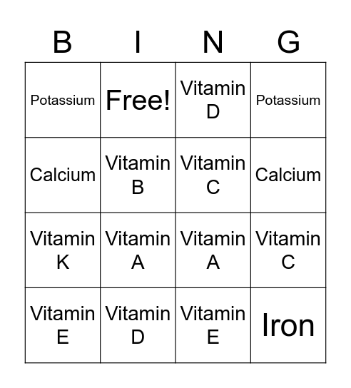 Vitamin and Mineral Bingo Card