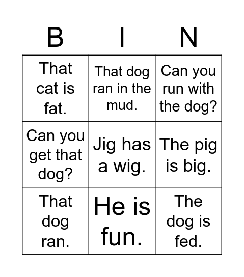 Kindergarten Bingo Card