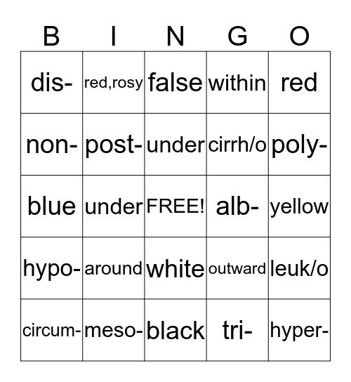Prefix  Bingo Card
